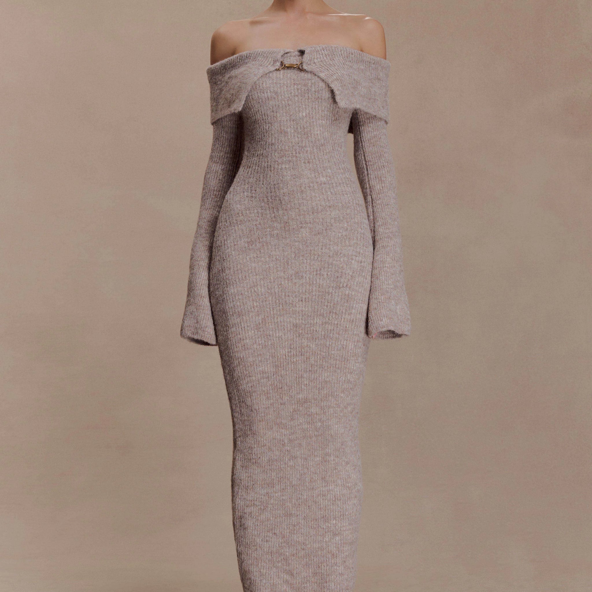 Off Shoulder Fluffy Knit Midi Dress