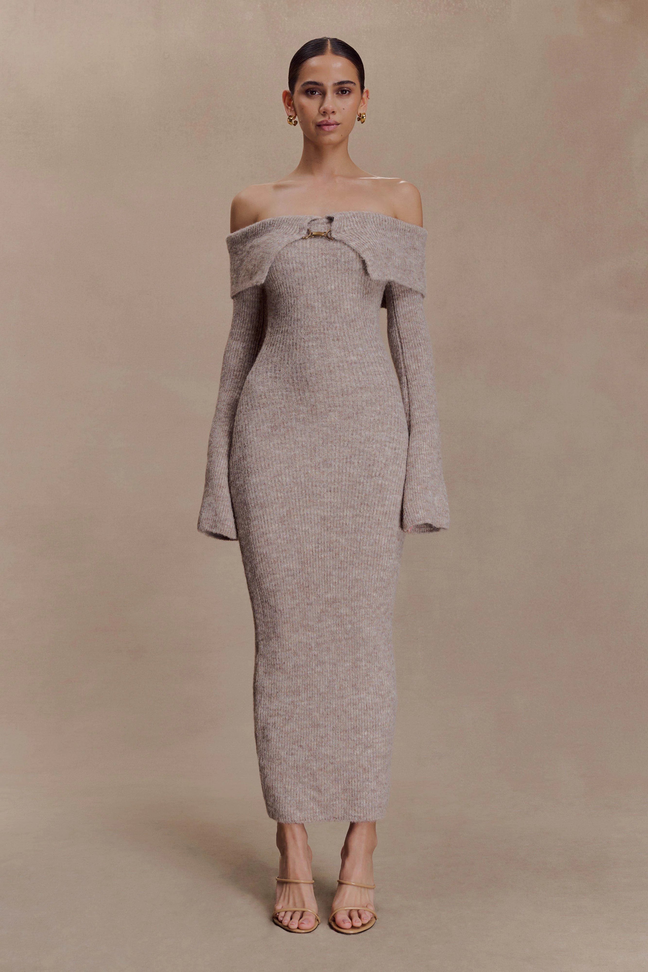 Off Shoulder Fluffy Knit Midi Dress