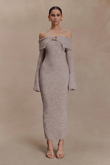 Off Shoulder Fluffy Knit Midi Dress