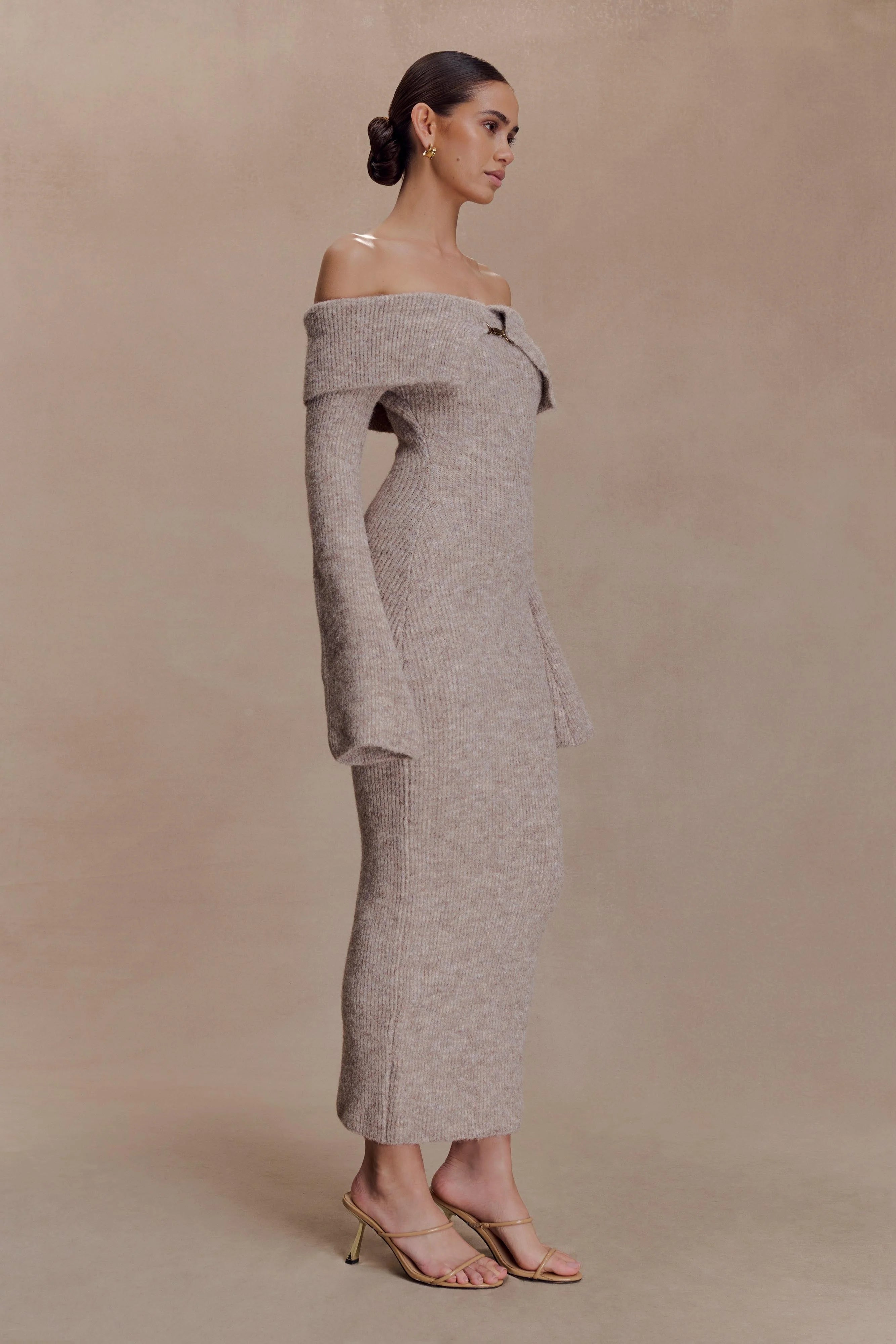 Off Shoulder Fluffy Knit Midi Dress